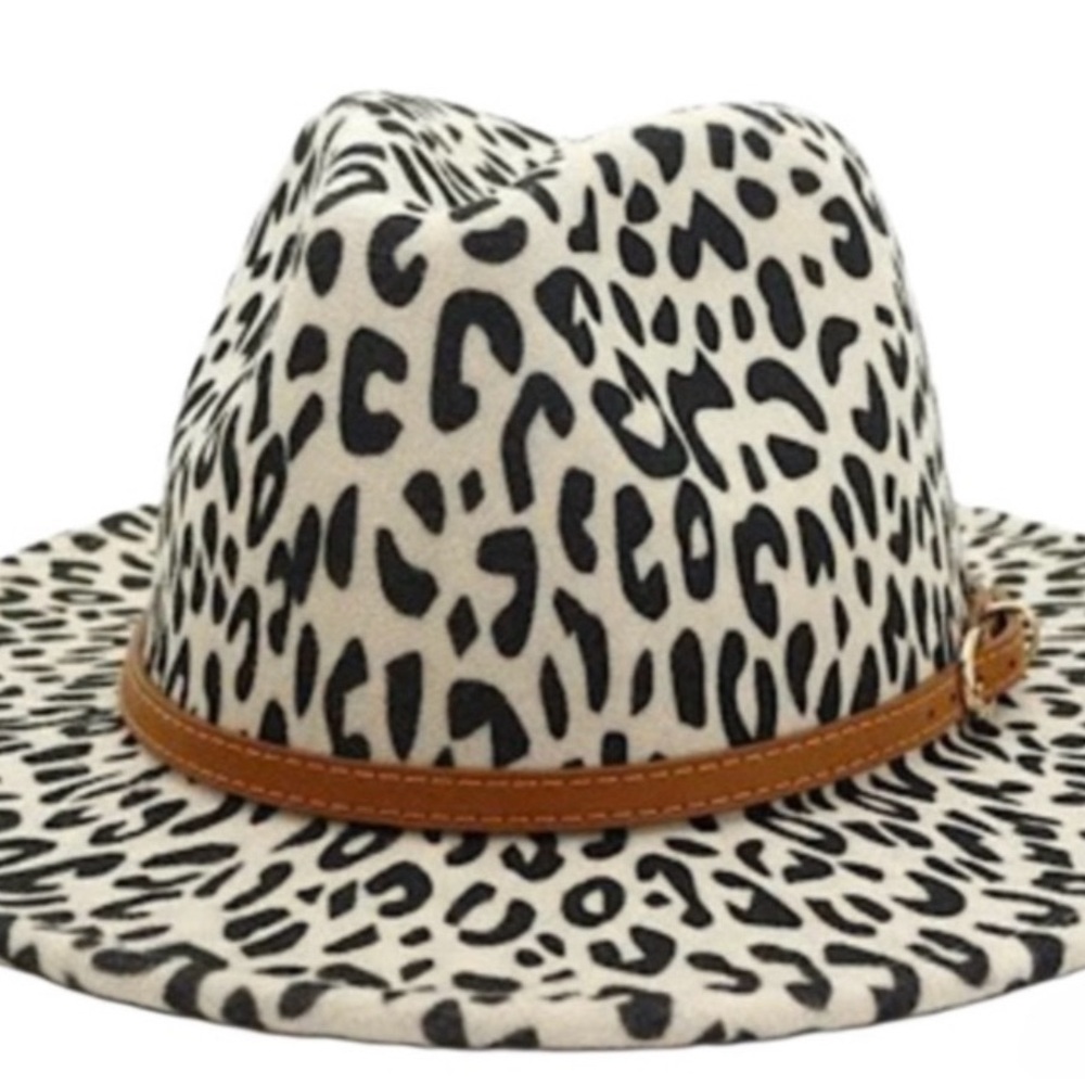 Cream Leopard Wide Brim Fedora Hat with Belt Buckle! - Picture 2 of 3